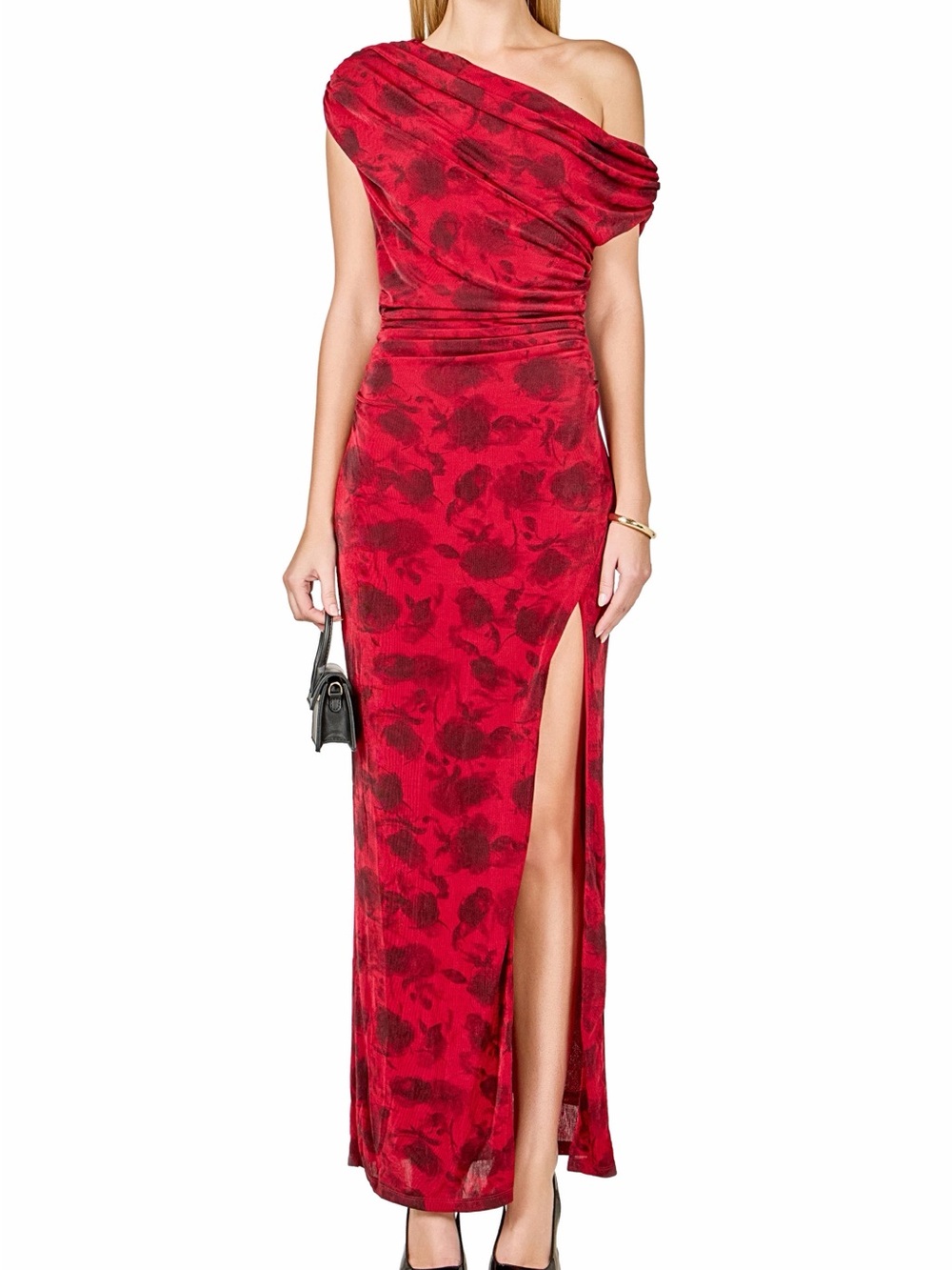 Endless Rose Red One-Shoulder Floral Slit Maxi Dress